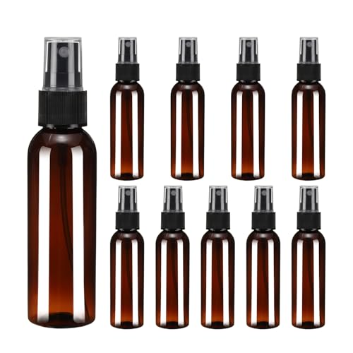 uxcell 10 Pack Spray Bottles, 2Oz/60ML Reusable Clear Empty Mist Plastic Mini Travel Bottle Set,Small Refillable Liquid Containers for Household Use, Essential Oil, Cleaning (Brown Black)