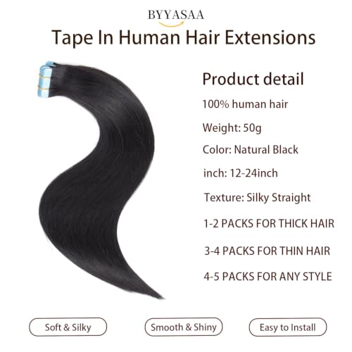 BYYASAA Natural Black Tape-In Human Hair Extensions 14 Inch 20 Pieces