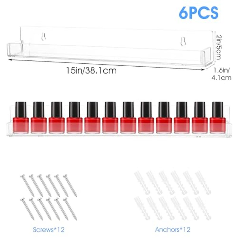 6 Pack Nail Polish Organizer Wall Mounted Shelf with Removable Anti-Slip End Inserts, Paint Rack Acrylic Organizers Display for Wall, Nail Polish Rack Displays 90 Bottles, 15 Inch
