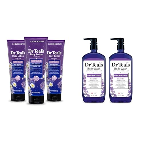 Dr Teal's Sleep Body Lotion, 24-Hour Moisture, with Melatonin, Lavender & Chamomile Essential Oils & Body Wash with Pure Epsom Salt, Soothe & Sleep with Lavender, 24 fl oz (Pack of 2)