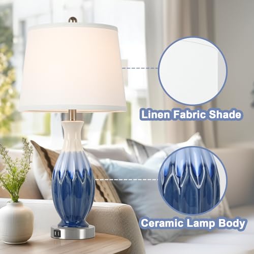 Bosceos 28” Table Lamps Set of 2 - Ceramic Navy Blue Bedside Lamps with USB Ports