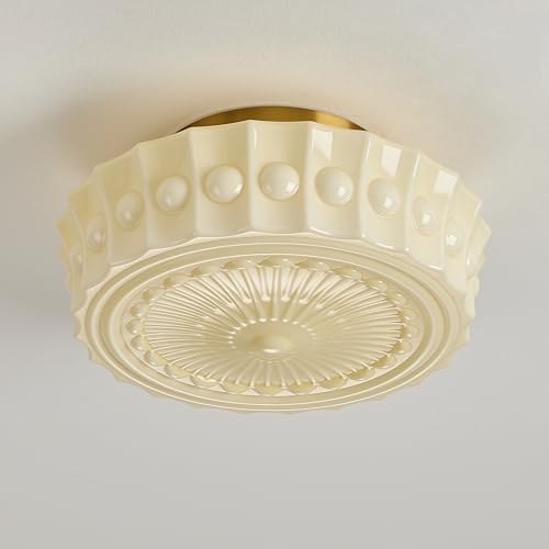 Vintage Milk Glass Flush Mount Ceiling Light Cream Yellow Shade with Brass Base