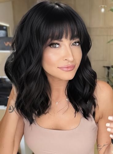 AISI HAIR Black Curly Bob Wig with Bangs, Synthetic Short Hair Extension