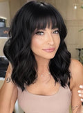 AISI HAIR Black Curly Bob Wig with Bangs, Synthetic Short Hair Extension