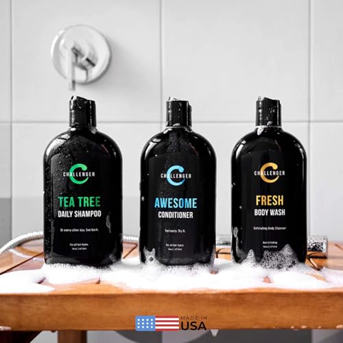 Challenger Tea Tree Shampoo, Conditioner & Fresh Body Wash Trio – 3 x 16 oz (Sulfate Free, Vitamins, Oils) - Variation: Shampoo, Conditioner & Fresh