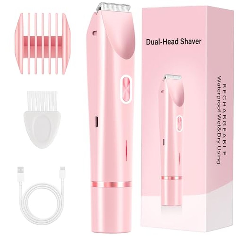 2-in-1 Women's Electric Razor & Bikini Trimmer - Painless Smooth Shave & Gentle Pubic Hair Removal - Dual Ceramic Blades, IPX7 Shower-Proof - Cordless for Sensitive Skin