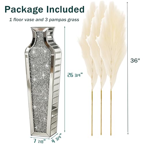 26.8-Inch Silver Crushed Diamond Mirrored Floor Vase with Pampas Grass, Tall Elegant Decor