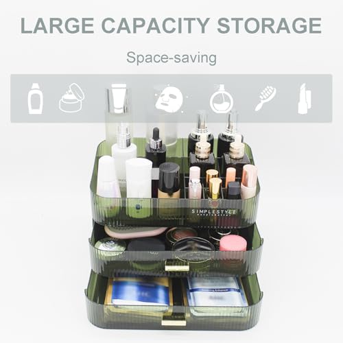 Makeup Organizer with 2 Drawers and Top Tray - Green, Separable & Stackable
