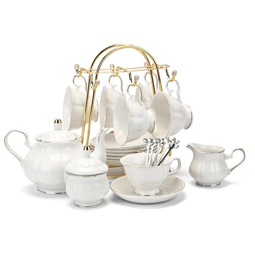White 22-Piece Porcelain Tea Set with Cups Saucer Teapot Sugar Bowl Creamer for 6