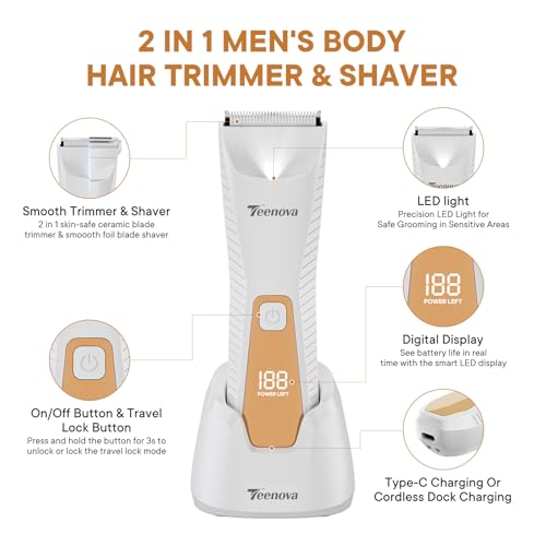 TEENOVA White 2-in-1 Body & Groin Hair Trimmer for Men - Waterproof, Cordless with LED