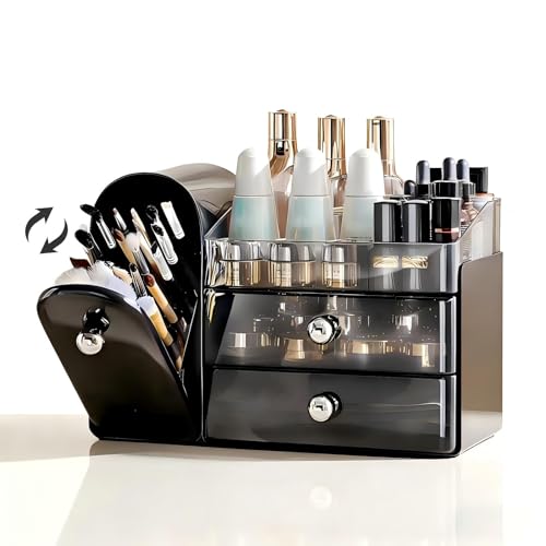 RONGZHIERK Makeup Organizer for Vanity with Brush Holder (Black) – Large Cosmetic Storage