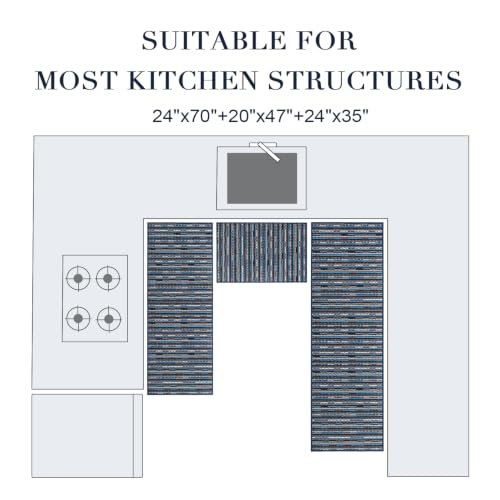 BSICPRO Large Navy Blue Kitchen Rug Set of 3, Farmhouse Style - 24x70, 20x47, 24x35
