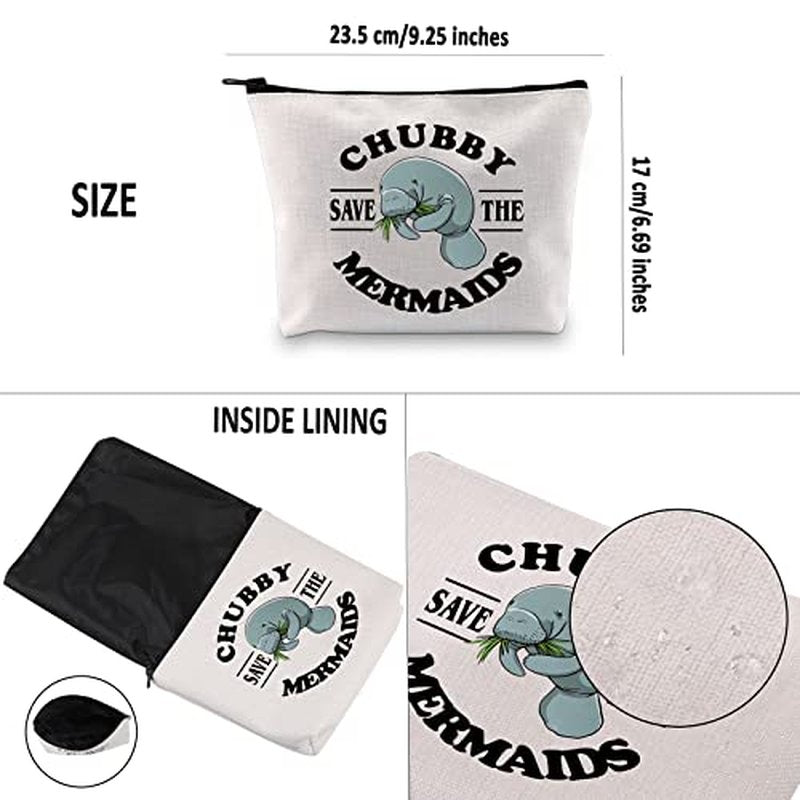 G2TUP Sea Manatee Lover Gift Save The Chubby Mermaids Makeup Bag Manatee Sea Cow Cosmetic Bag Animal Lover Gift Zipper Travel Bag (Save The Chubby Mermaids White Bag)