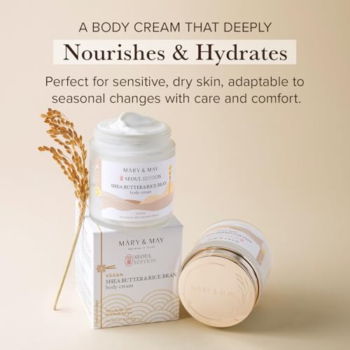 Mary&May SEOUL EDITION Shea Butter & Rice Bran Body Cream - Korean Vegan Boby Moisturizer for Dry and Sensitive Skin with Ceramide - Fragrance Free Body Butter, 8.45oz.