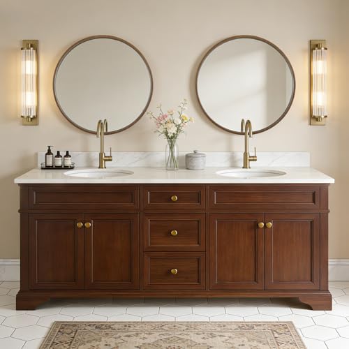 WallBeyond 28-Inch Round Wall Mirror with Wood Frame - Walnut Finish, Modern Home Decor for Bathroom Living Room Bedroom Entryway (Variation: Walnut / 28"L x 28"W)