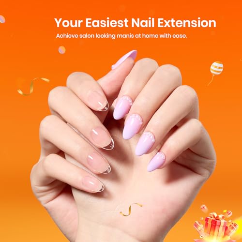 Beetles Gel Nail Kit Etch-X, Almond Short, 576pcs 12 Sizes, with Dehydrator and Primer, Solid Glue Mini Lamp, Pre-Etched Half Matte Acrylic Nail Kit Fake Nail for Home DIY Extension Set