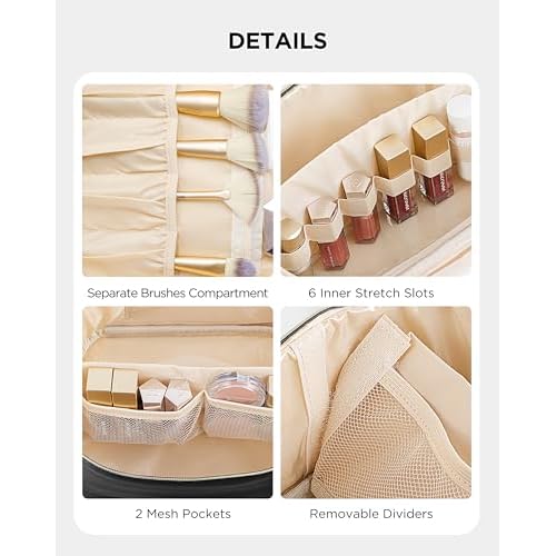 HBlife Extra Large Double Layer Travel Makeup Bag Portable Leather Cosmetic Bag Make Up Bag Makeup Case Organizer Toiletry Bag for Women Girls with Handle, Removable Divider and Shoulder Strap (Black)