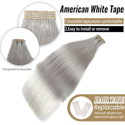 Silver Grey Hair Extensions Tape Ins 16 Inch Double Sided Seamless Human Hair