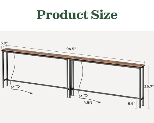 Narrow Behind Couch Table with Charging Stations - Rustic Brown, 94.5 Inch