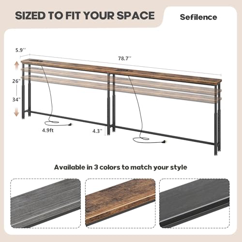 Narrow Adjustable Console Table 78.7'' with Charging Ports - Rustic Brown, 26-34" Height