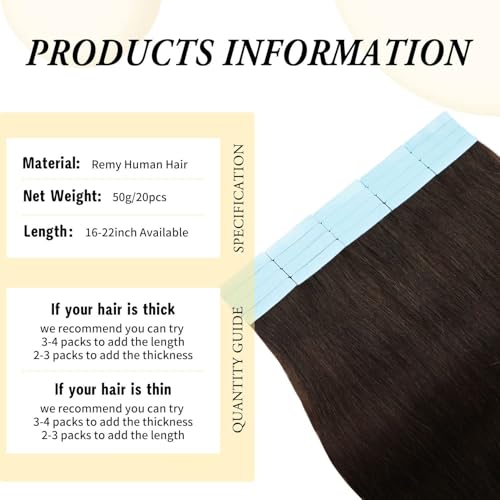Dark Brown Tape-In Hair Extensions 22 Inch 20 Pieces Remy Human Hair - ZIYU