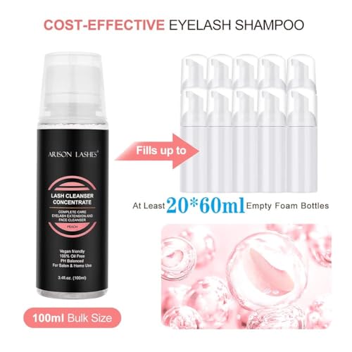 Eyelash Cleanser Concentrate 100ml Lash Extensions Shampoo Natural Foaming Cleanser DIY Non-lrritating Wash for Extensions Lashes with Salon Home Care-Makes 20 Bottles 60ml lash Shampoo (Peach)