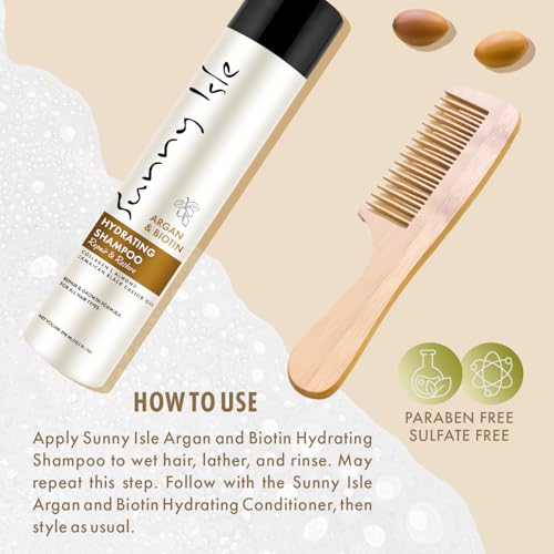 Sunny Isle Argan and Biotin Hydrating Shampoo - Collagen, Almond, Castor Oil, Moisturizing - 10.1 oz