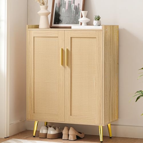 HOOBRO 5-Tier Rattan Shoe Cabinet with Adjustable Shelves and Doors, Natural Entryway Organizer