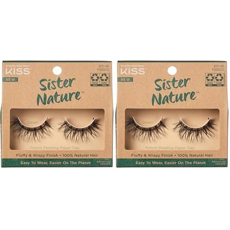 KISS Sister Nature False Eyelashes, 'Dawn', 12 mm, 100% Natural Hair, Recyclable Paper Box, Printed with Soy Ink, Cruelty Free, Vegan, Includes 1 Pair of Reusable Strip Lashes (Pack of 2)
