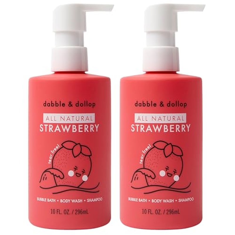 Dabble & Dollop All Natural Strawberry 3-in-1 Body Wash, Shampoo & Bubble Bath for Kids ? Tear-Free, Gentle, Hypoallergenic, Vegan, No Parabens or Sulfates (10 fl oz, Pack of 2)