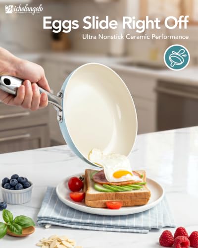Non-Stick Ceramic Cookware Set with Titanium Infused Coating - 8 Pieces, Blue - Induction & Oven Safe