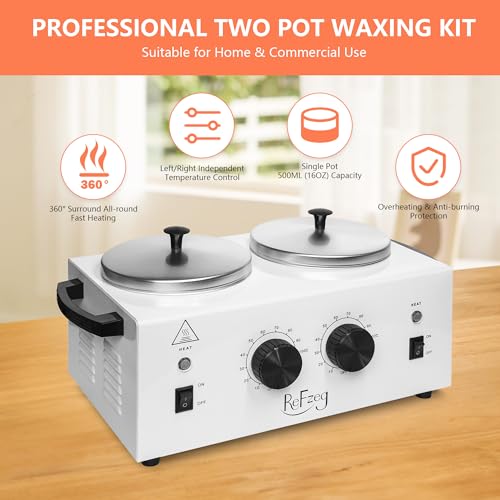 ReFzeg Double Wax Warmer with 500ML Pots - Painless Hair Removal, White, 1 Pack