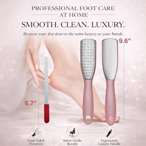 Professional Foot File & Callus Remover 2-in-1 Set ? 9.6" Foot Rasp with 6.7" Nail File Included?Elegant Rose Gold?Dual-Sided, Durable & Hygienic Pedicure Tool for Smooth, Soft Feet?Wet & Dry Use