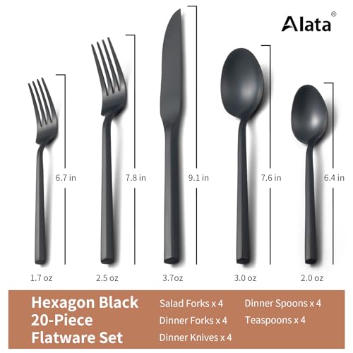 Black Hexagon Forged Silverware Set for 4 - 20-Piece Stainless Steel Flatware