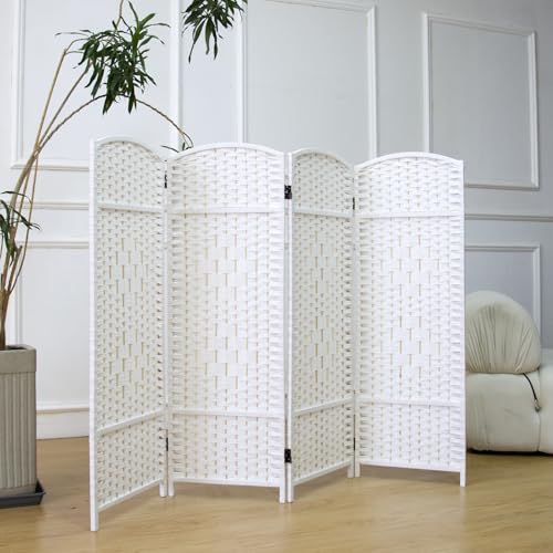Furnnylane White 4-Panel Rattan Room Divider Short Screen, 47.2" H x 63" W, Foldable & Easy to Set Up