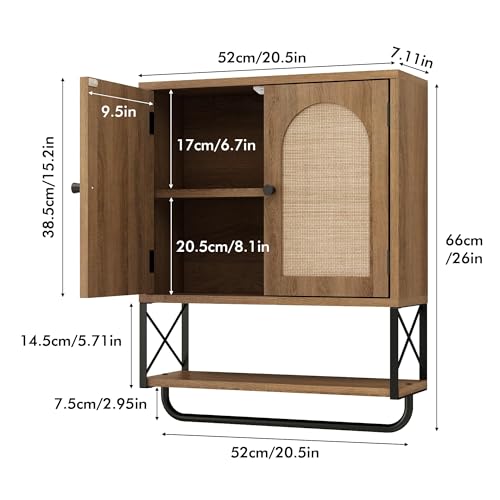 Rustown Rattan Bathroom Wall Cabinet - Natural Oak, Medium Size Over Toilet Storage
