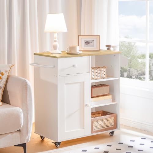 White & Natural Kitchen Island with Storage Drawer & Spice Rack - Mobile Kitchen Cart with Lockable Wheels