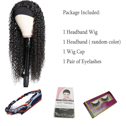 Deep Wave Headband Wig - 20 Inch Curly Human Hair Natural Black No Glue