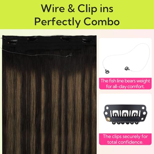 Hotbanana Invisible Wire Hair Extensions 12 Inch Balayage Natural Black to Chestnut Brown - 70g, Quick Wear & Reusable