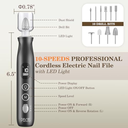 PELCAS Grey Electric Nail Grinder with 10 Speeds & LED Light, Cordless & Rechargeable