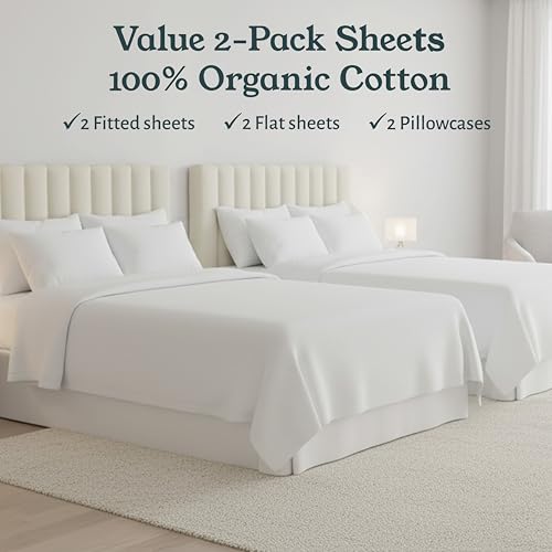 Twin Organic Cotton Bed Sheets Set - Bright White, 2 Pack - California Design Den