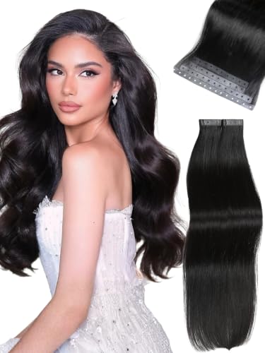 Black 18 Inch Human Hair Extensions Micro Ring PU Tape-In Beaded Weft - 4Pcs 35g