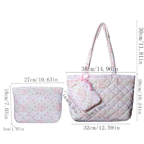 Floral Quilted Cotton Shoulder Bag Set 3-in-1 Handbag with Matching Mini Pouch Cosmetic Bag Large Capacity Tote A053