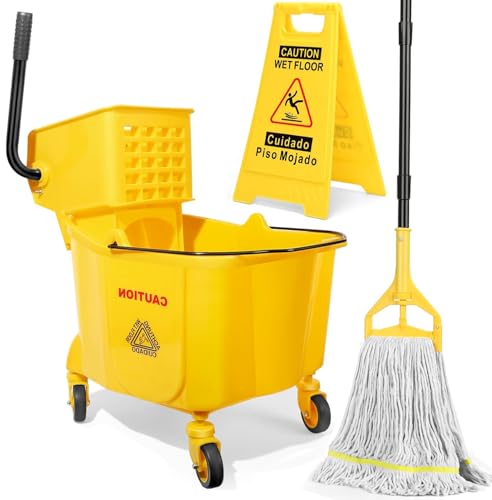 35 Qt Commercial Mop Bucket with Side-Press Wringer on Wheels & Wet Floor Sign