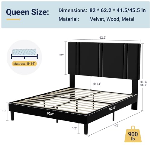 Black Queen Platform Bed Frame with Velvet Upholstered Headboard, Adjustable & Storage