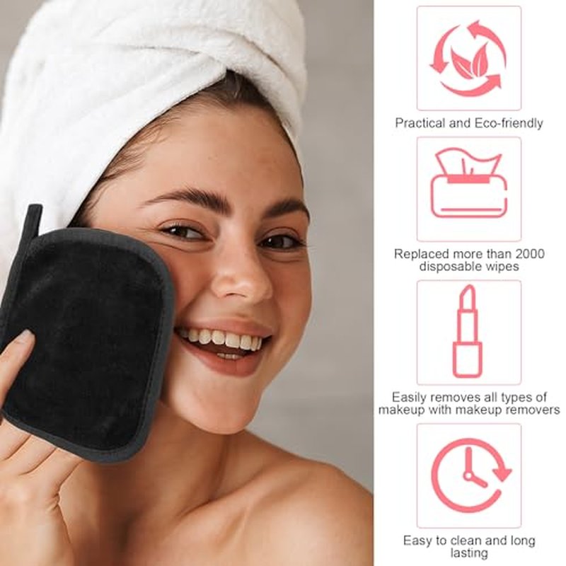 50 Pcs Makeup Remover Cloths Reusable Washable Remover Pads Soft Microfiber Washcloths Facial Cloths Makeup Towels for Women, 5 x 5 Inch(Black)