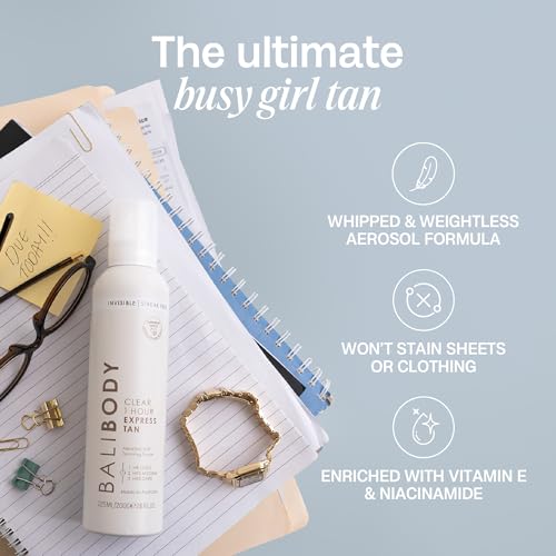 BALI BODY Clear 1 Hour Express Self Tanner ? Fast-Acting, Weightless Self Tanner for Natural Bronze ? No-Transfer, Hydrating Quick Tan Mousse for Smooth, Radiant Skin