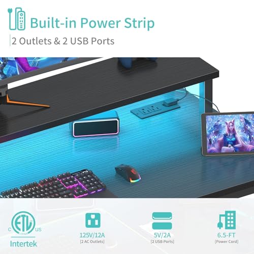 Lufeiya 39.4-Inch Gaming Desk with RGB LED Lights & Power Outlets, Monitor Stand, Black