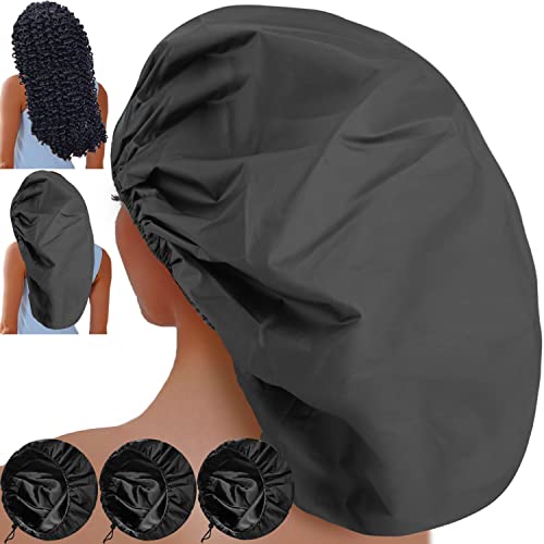 2X-Large Satin Lined Shower Cap for Long Hair & Braids - Waterproof Edge, Extra Large, Black