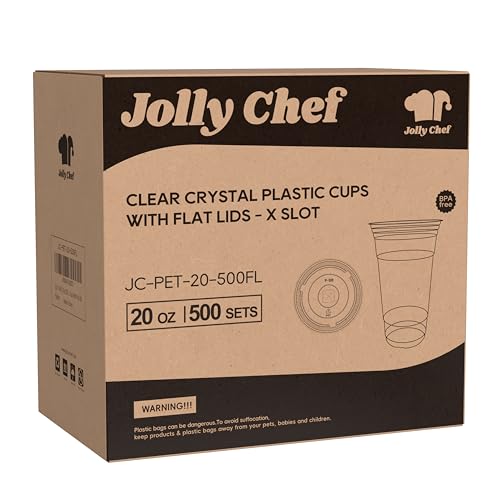 JOLLY CHEF 20oz Clear Plastic Cups with Flat Lids - 500 Pack, PET Disposable Drinkware Variation of THIS listing